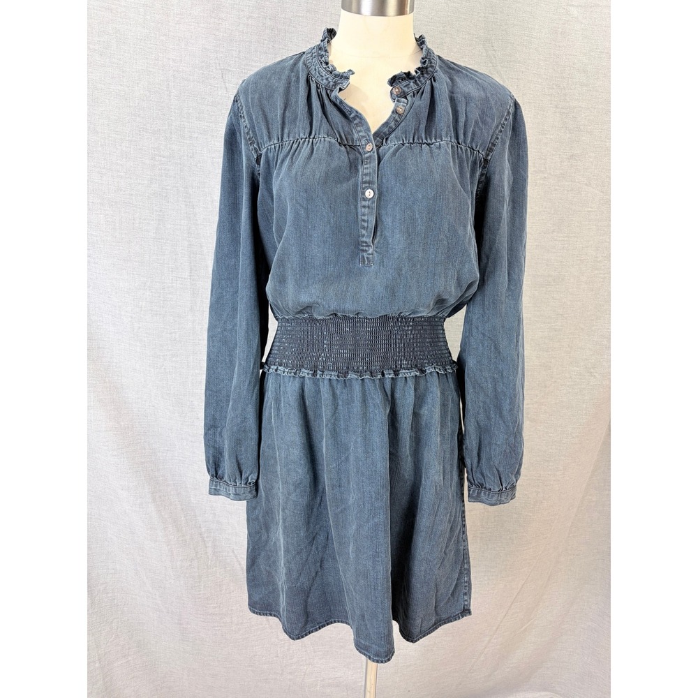 Rails Chambray‎ Tencel Long Sleeve Smocked Waist Ruffle Collar Dress S Western